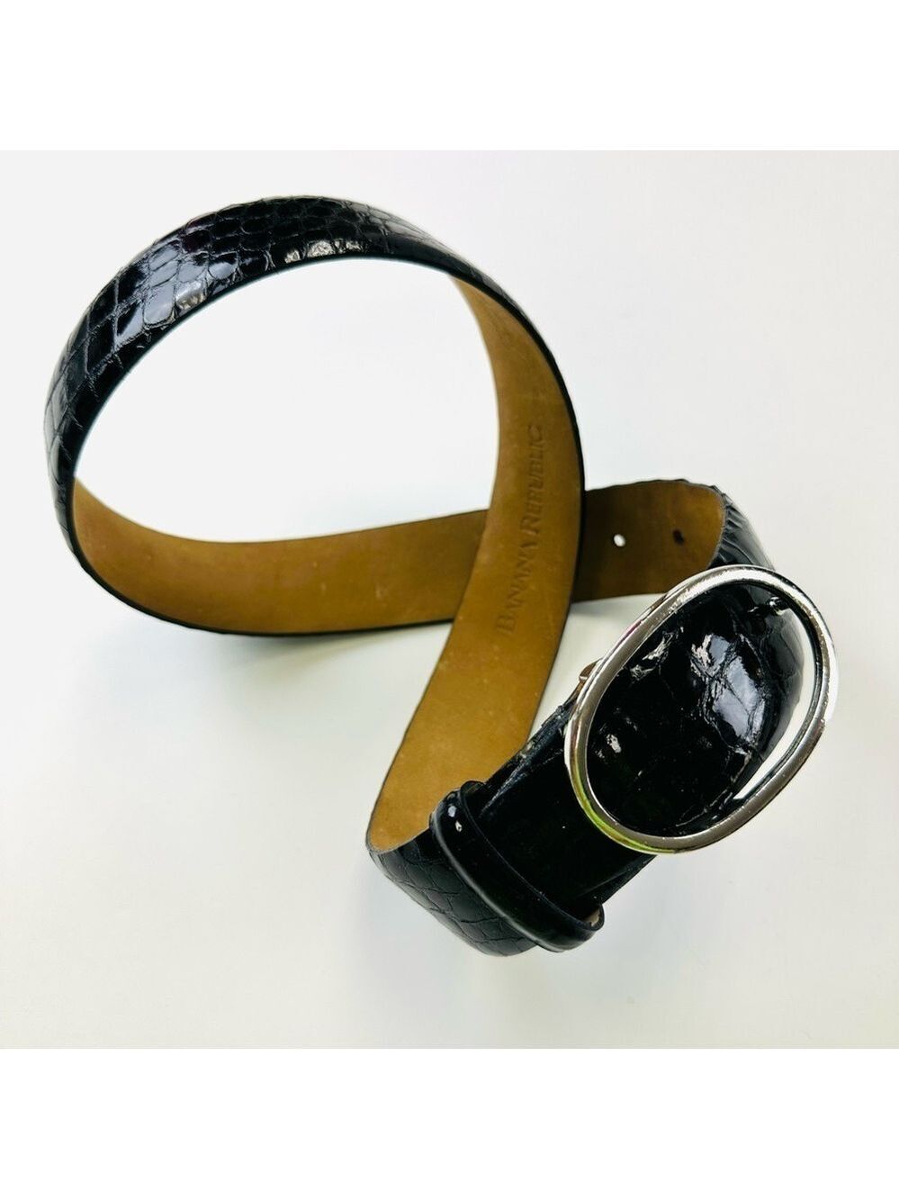 Banana Republic black patent croc Genuine Leather silver oval buckle belt Medium